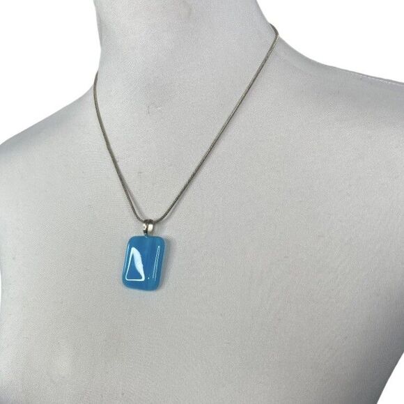 Silver Tone Necklace with Blue Retangle Pendant Slide on Chain 17” 3” Extender - Picture 4 of 8